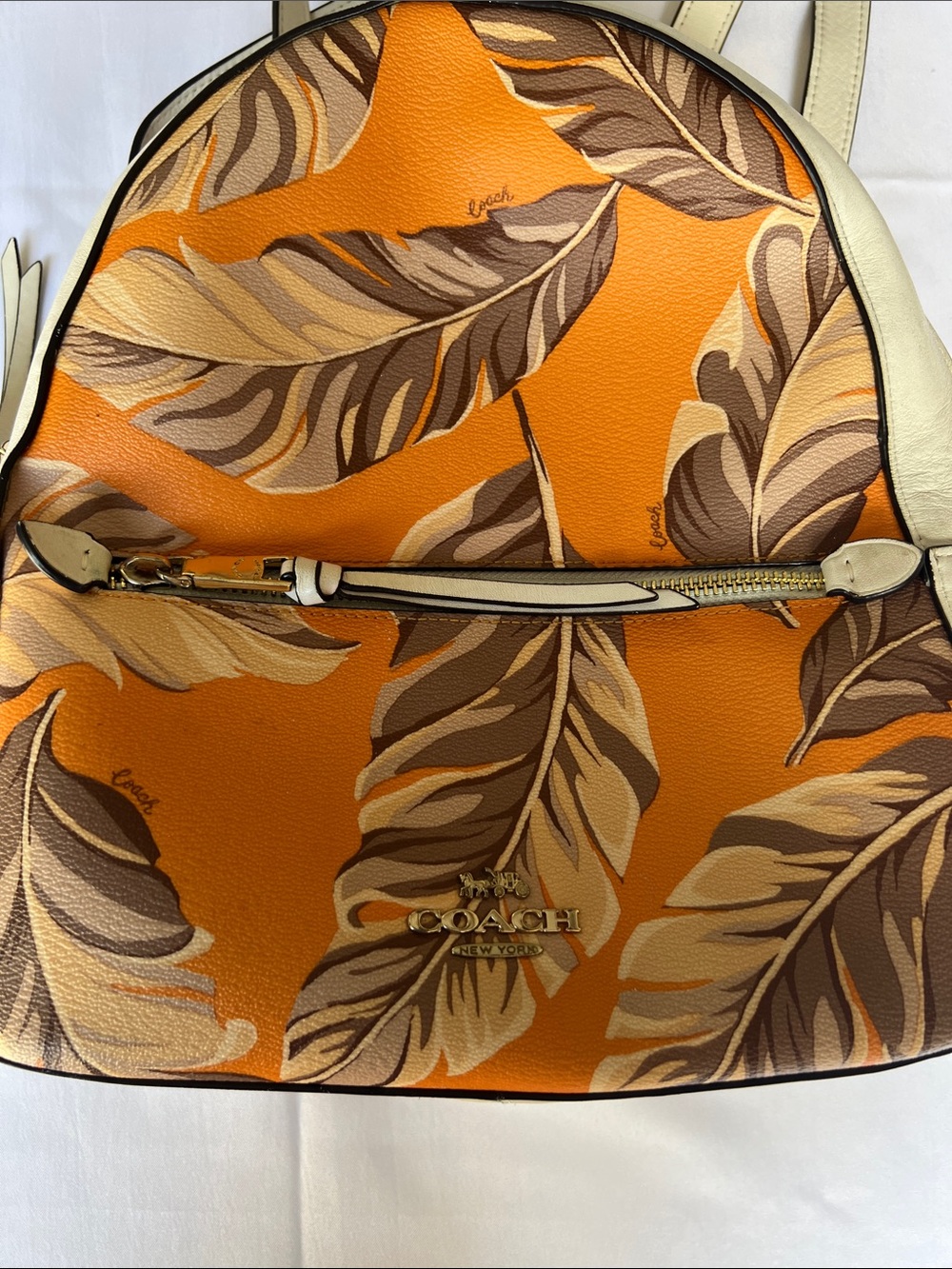 COACH Orange Leaf-Print Backpack with Cream Trim - Picture 3 of 6